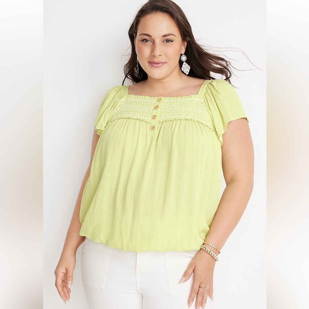 🦋 Maurices Pale Neon Green Short Sleeve Blouse XXL Boho Peasant Casual